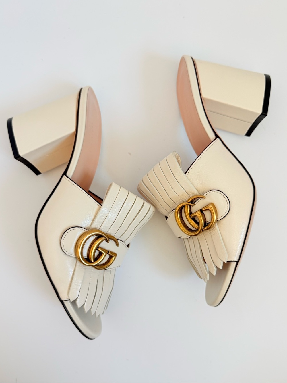 Gucci GG Marmont Fringe Mystic White Leather Block Heel Mule Slides EU 38